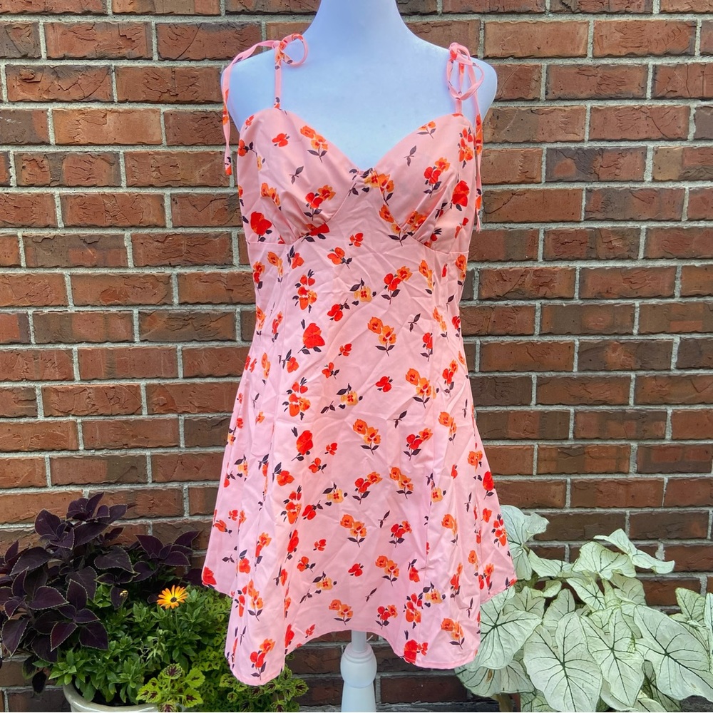 Peach Pink Tropical Floral Mini Dress Sundress with Ribbon Straps Women’s L NWT
